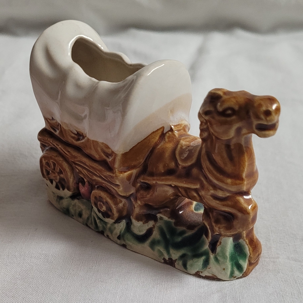 Rustic Ceramic Wagon with Horse Figurine